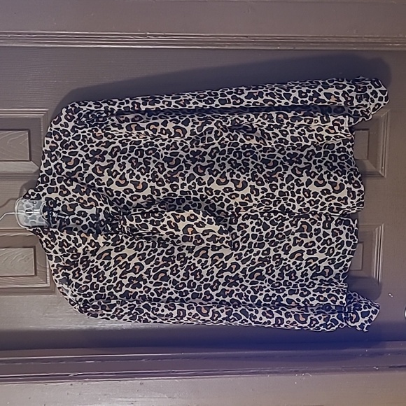 Leopard print high tie neck sheer long sleeve button front blouse - Picture 7 of 7
